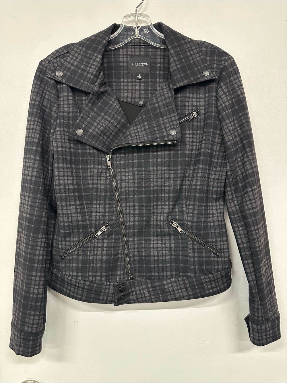 Liverpool Plaid Moto Jacket Ponte Stretch Asymmetrical Zip Small casual Workwear